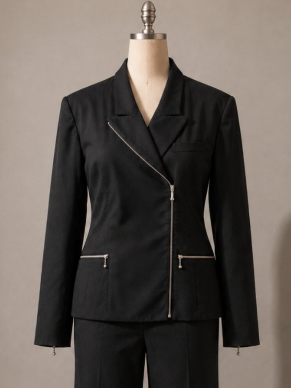 Vintage Lolita Lempicka Women Black Wool Moto Zip Blazer Jacket Y2K Avant Garde